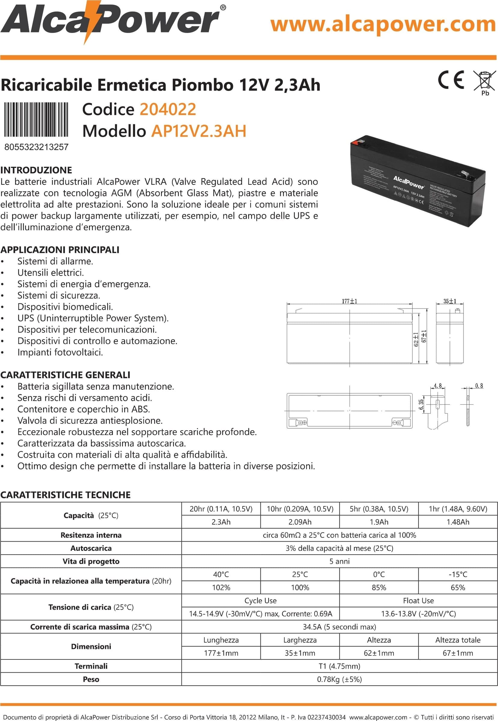 Alca Power batteria al piombo da 12V 2,3Ah ricaricabile per UPS e illuminazione di emergenza in Pile ricaricabili Aloiserw.com - Altomonte, commercioVirtuoso.it