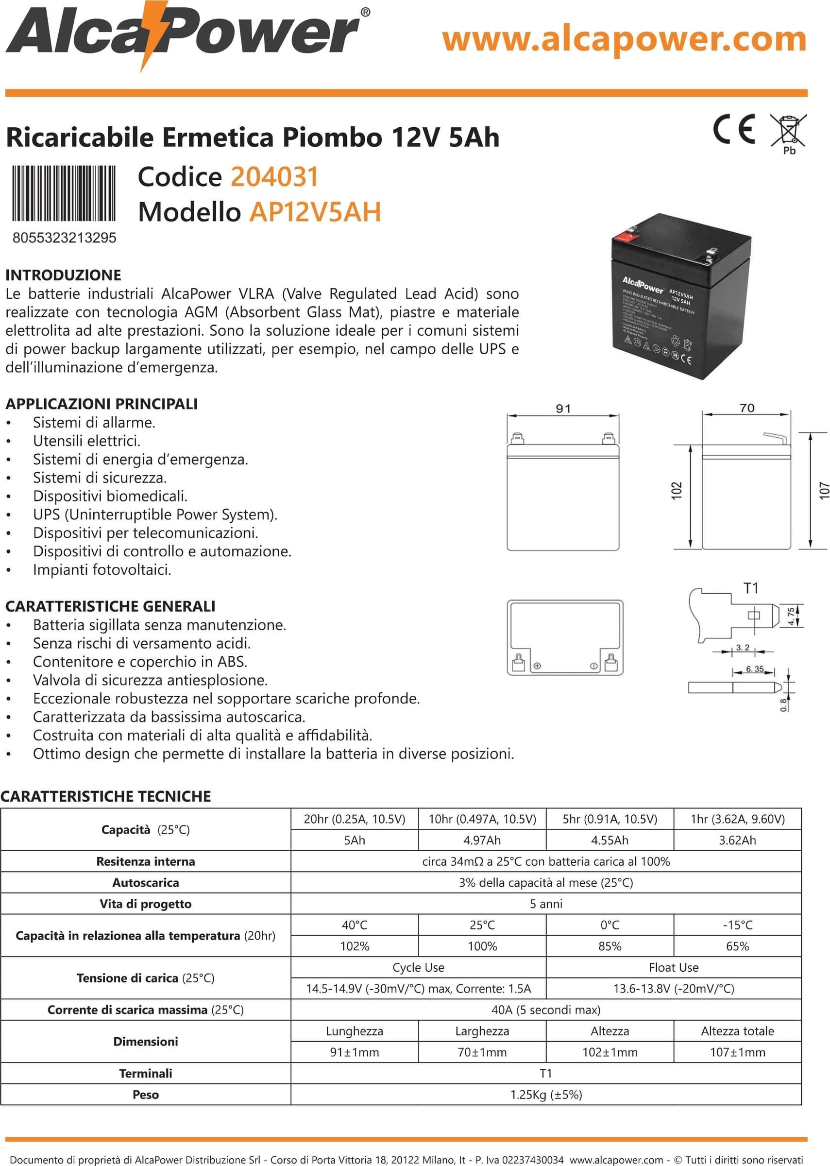 Alca Power batteria al piombo da 12V 5Ah ricaricabile per UPS e illuminazione di emergenza in Pile ricaricabili Aloiserw.com - Altomonte, commercioVirtuoso.it