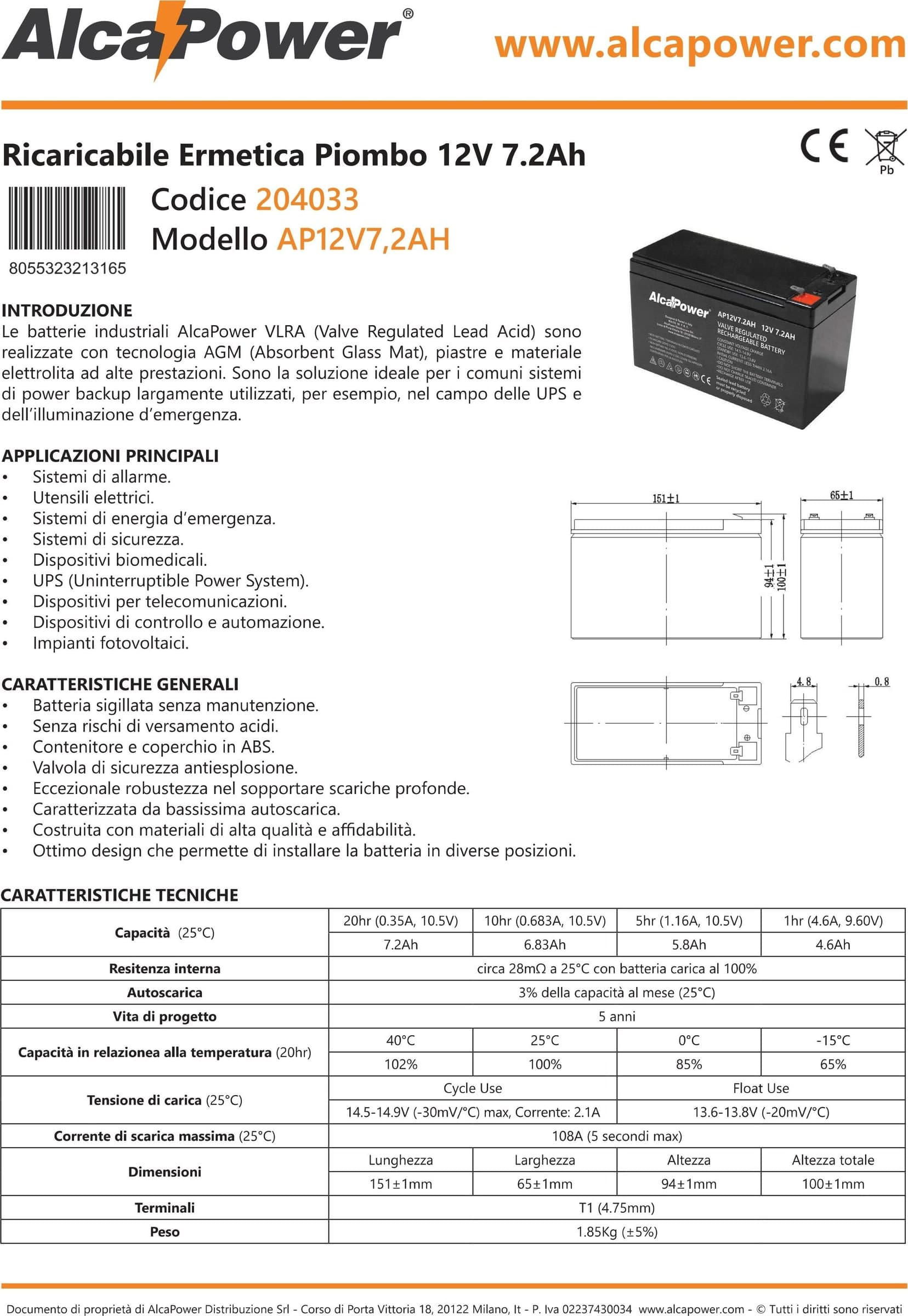 Alca Power batteria al piombo da 12V 7,2Ah ricaricabile per UPS e illuminazione di emergenza in Pile ricaricabili Aloiserw.com - Altomonte, commercioVirtuoso.it
