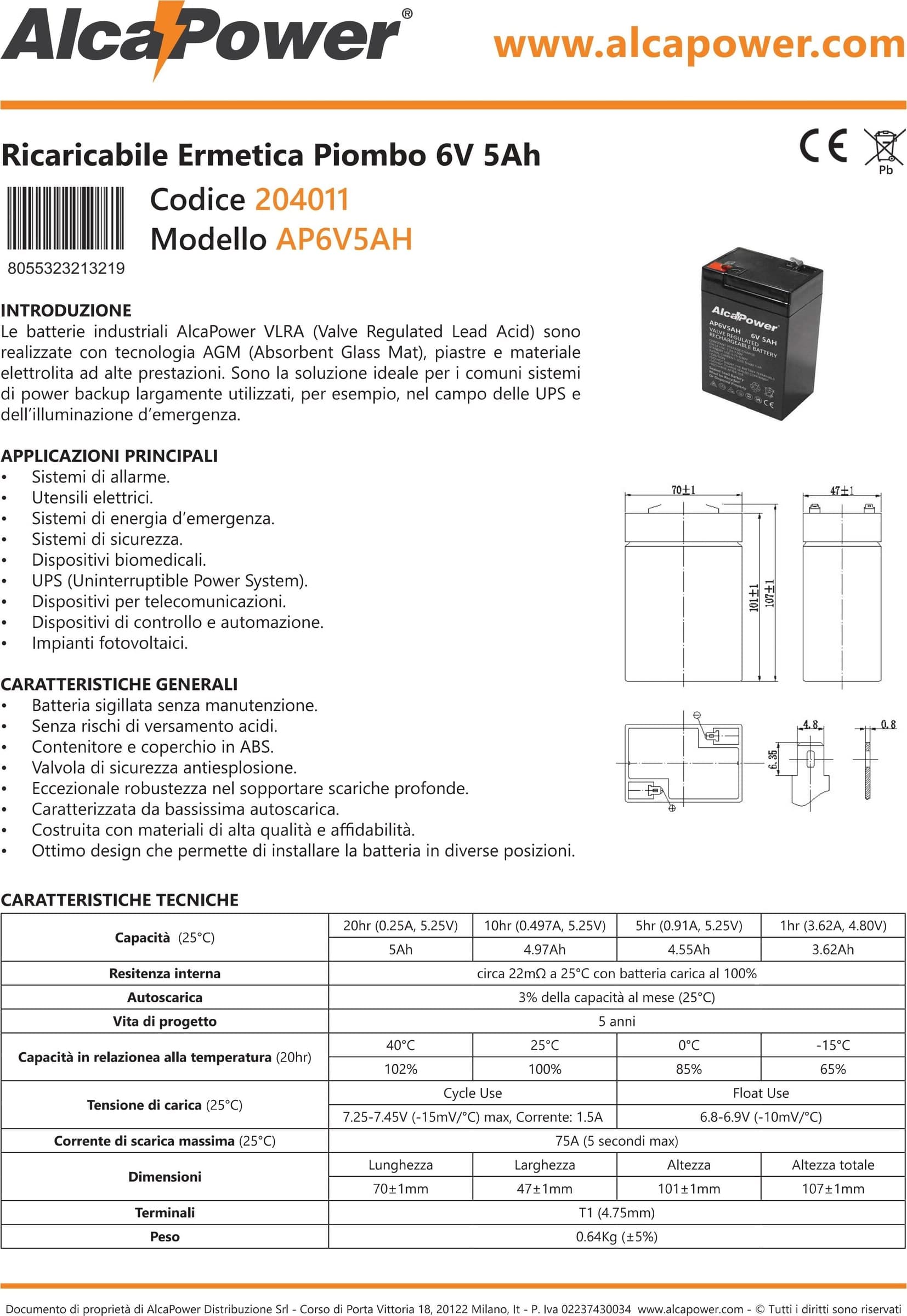 Alca Power batteria al piombo da 6V 5Ah ricaricabile per UPS e illuminazione di emergenza in Pile ricaricabili Aloiserw.com - Altomonte, commercioVirtuoso.it