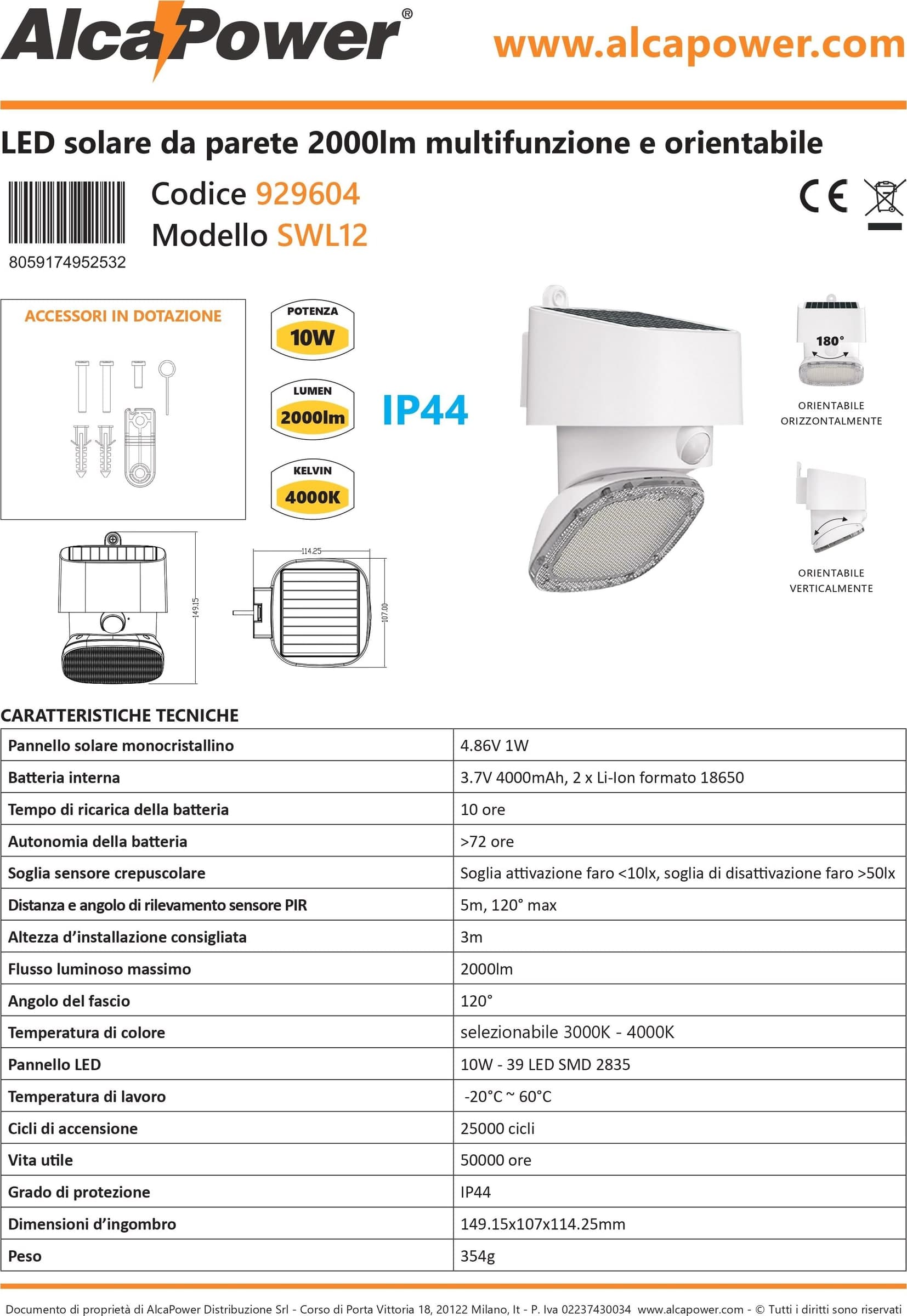 Alca Power lampada proiettore solare da parete orientabile da 10W 2000 lumen in Lampade da parete Aloiserw.com - Altomonte, commercioVirtuoso.it