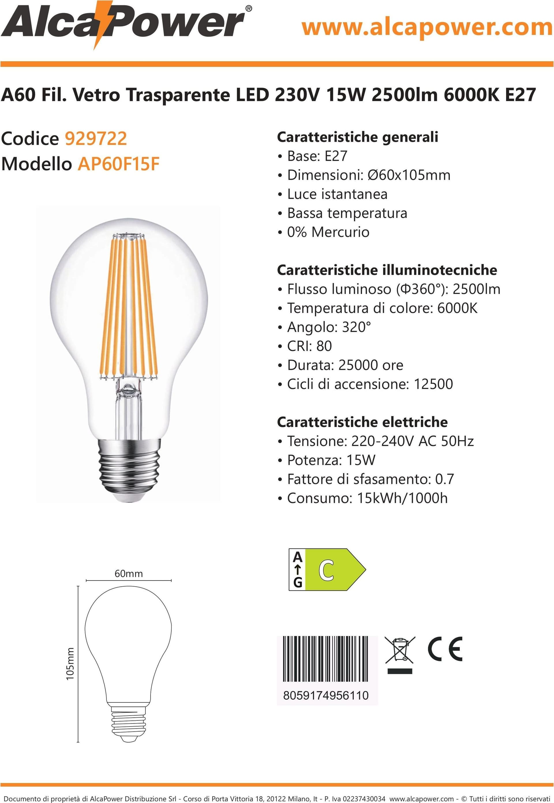 Alca Power A60 15W 220V 2500LM 6000K E27 lampada classica a filamento a led in Lampadine a LED Aloiserw.com - Altomonte, commercioVirtuoso.it