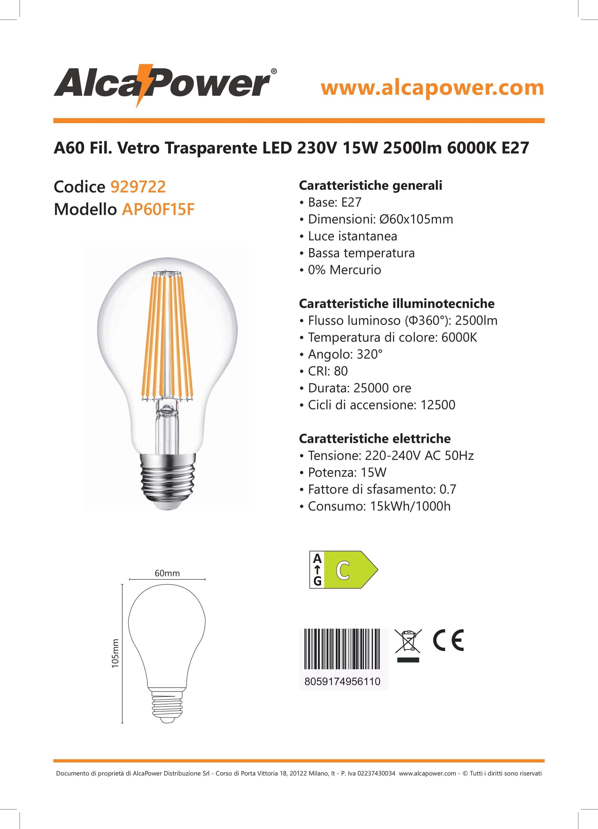 Alca Power A60 15W 220V 2500LM 6000K E27 lampada classica a filamento a led in Lampadine a LED Aloiserw.com - Altomonte, commercioVirtuoso.it
