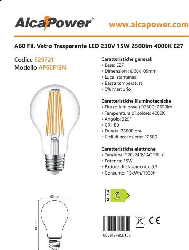 Alca Power A60 15W 220V 2500LM 4000K E27 lampada classica a filamento a led in Lampadine a LED Aloiserw.com - Altomonte, commercioVirtuoso.it