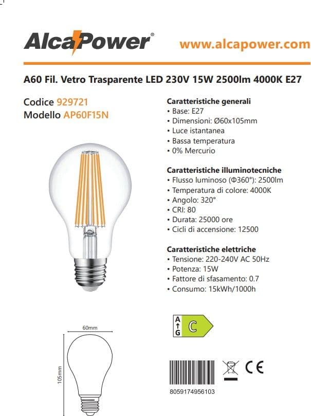 Alca Power A60 15W 220V 2500LM 4000K E27 lampada classica a filamento a led in Lampadine a LED Aloiserw.com - Altomonte, commercioVirtuoso.it
