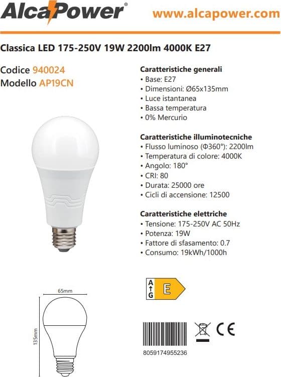 Alca Power A65 19W 175-250V 2200LM 4000K E27 lampada classica a led in Lampadine a LED Aloiserw.com - Altomonte, commercioVirtuoso.it