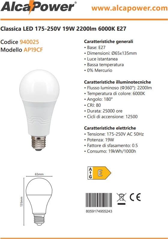 Alca Power A65 19W 175-250V 2200LM 6000K E27 lampada classica a led in Lampadine a LED Aloiserw.com - Altomonte, commercioVirtuoso.it
