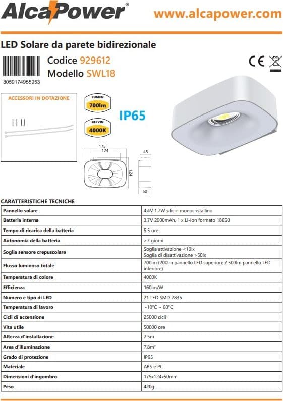Alca Power lampada proiettore solare da parete bidirezionale 160lm in Lampade da parete Aloiserw.com - Altomonte, commercioVirtuoso.it