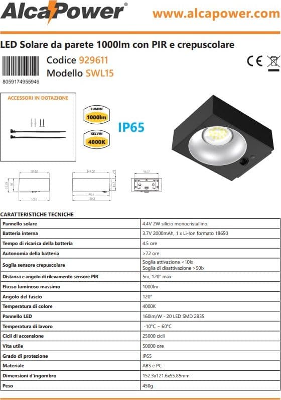 Alca Power lampada proiettore solare da parete con PIR e crepuscolare 1000lm in Lampade da parete Aloiserw.com - Altomonte, commercioVirtuoso.it