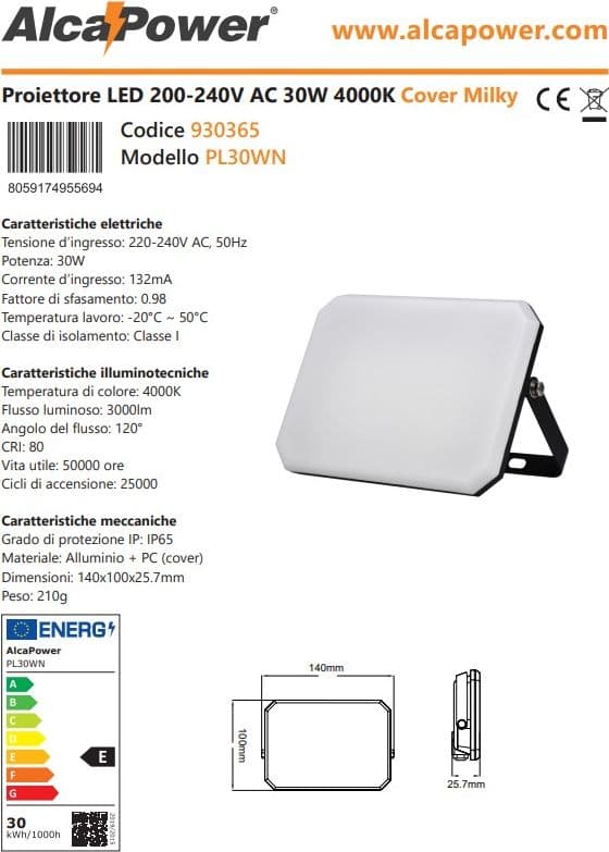Alca Power proiettore LED 220-240V da 30W 4000K luce diurna in Proiettori Aloiserw.com - Altomonte, commercioVirtuoso.it