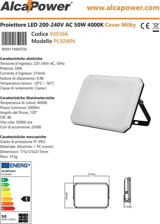 Alca Power proiettore LED 220-240V da 50W 4000K luce diurna in Proiettori Aloiserw.com - Altomonte, commercioVirtuoso.it