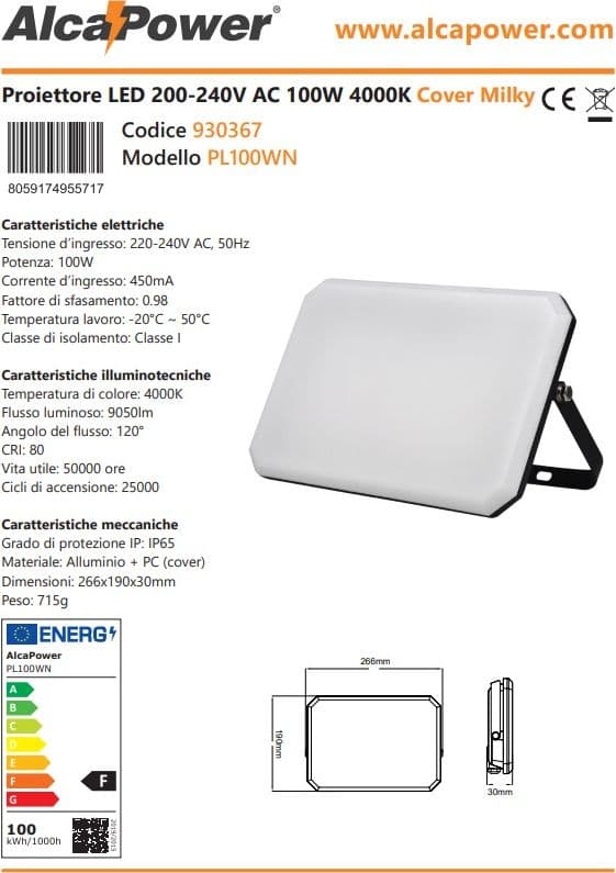 Alca Power proiettore LED 220-240V da 100W 4000K luce diurna in Proiettori Aloiserw.com - Altomonte, commercioVirtuoso.it