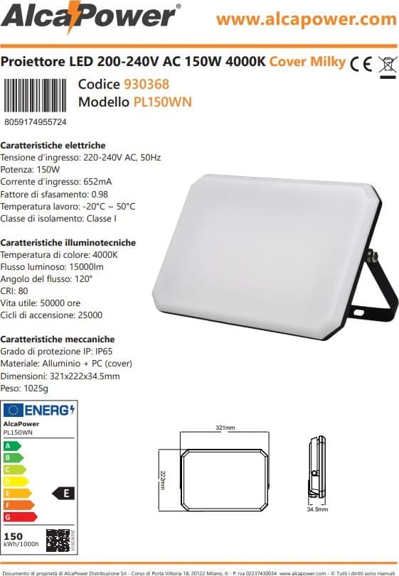 Alca Power proiettore LED 220-240V da 150W 4000K luce diurna in Proiettori Aloiserw.com - Altomonte, commercioVirtuoso.it