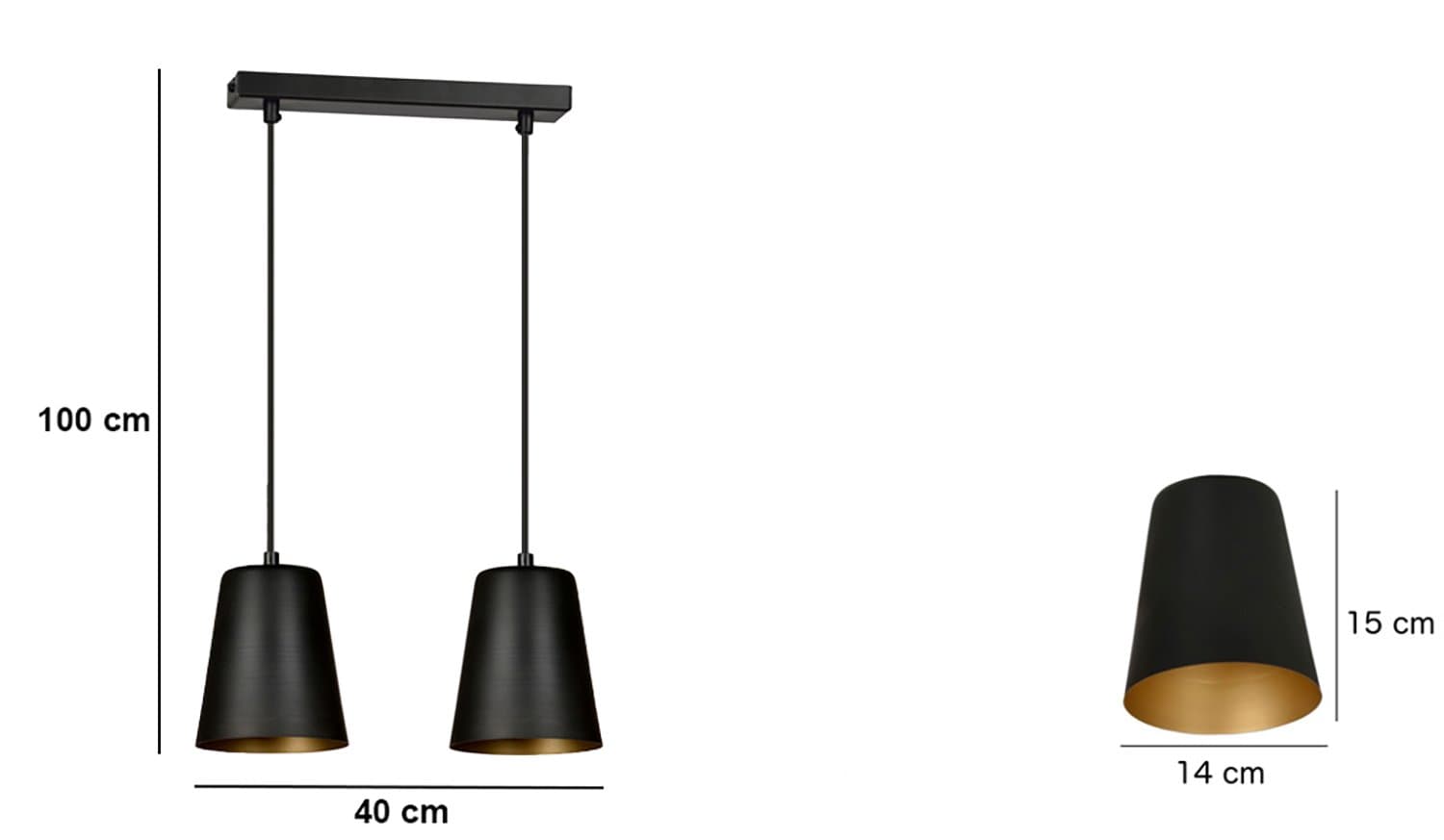 Lampadario 2 Luci Milargo In Acciaio Nero Con Paralumi A Cono In Nero E Oro in Lampadari LuceArt - Montecorvino Pugliano, commercioVirtuoso.it
