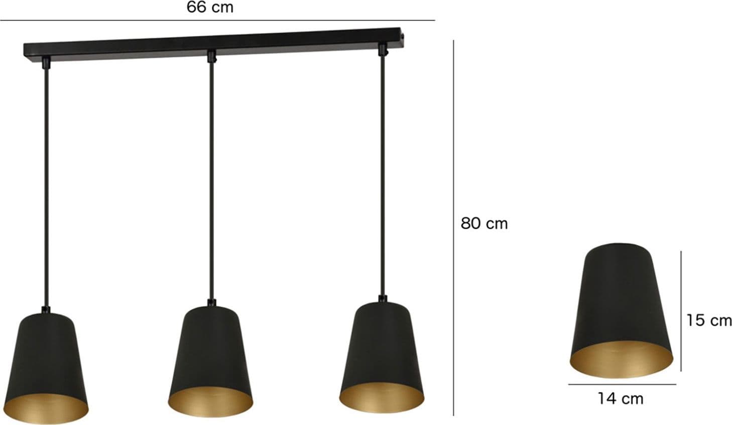 Lampadario 3 Luci Milargo In Acciaio Nero Con Paralumi A Cono In Nero E Oro in Lampade a sospensione LuceArt - Montecorvino Pugliano, commercioVirtuoso.it