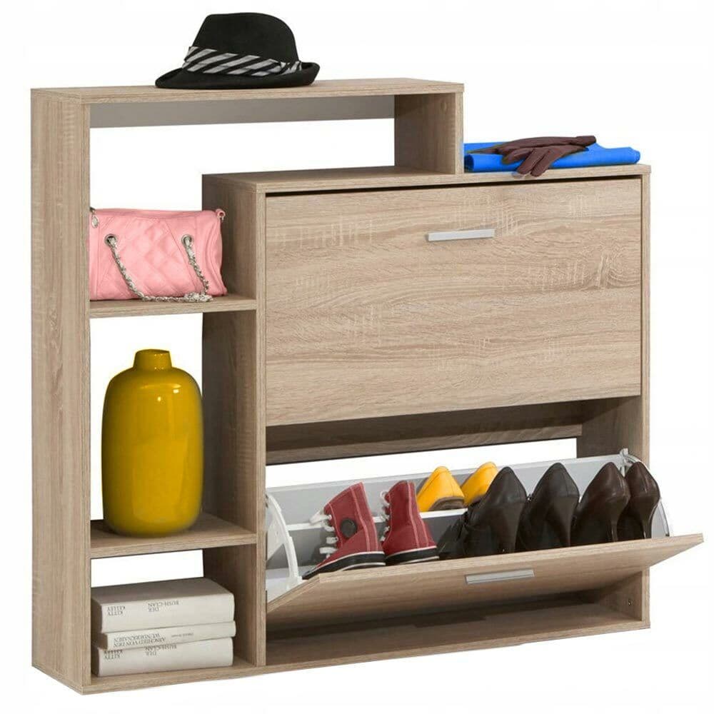 Scarpiera 2 Ante Ripiani Doppia Profondità Melamina 102x25,5x98cm Colore Quercia