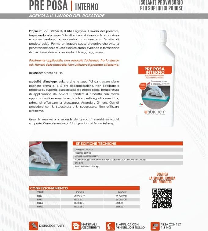 Abichem 1lt PRE POSA interno isolante provvisorio per superfici porose in Sigillanti Aloiserw.com - Altomonte, commercioVirtuoso.it