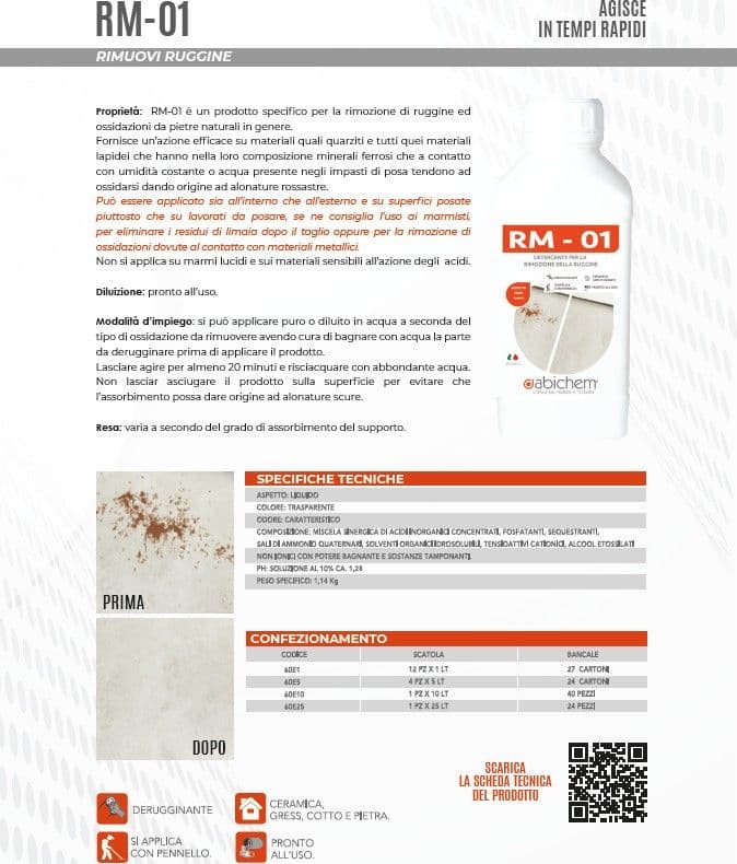 Abichem 1lt RM-01 detergente per la rimozione di ruggine ed ossidazioni da pietre naturali in Detergenti per pavimento Aloiserw.com - Altomonte, commercioVirtuoso.it