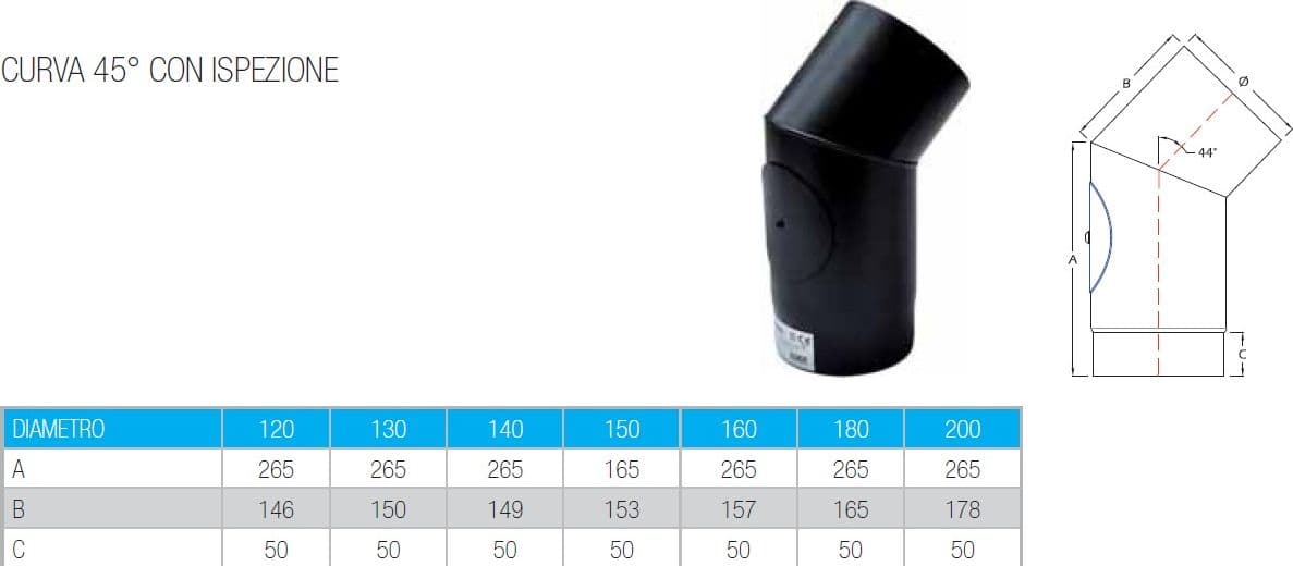 Curva a 45 gradi con ispezione da 200mm per stufa a legna in Fumaioli Aloiserw.com - Altomonte, commercioVirtuoso.it