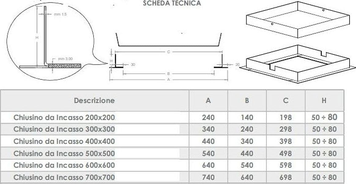 Sigillo 200 x 200 x H 80mm chiusino di acciaio inox pesante da incasso in Drenaggio Aloiserw.com - Altomonte, commercioVirtuoso.it