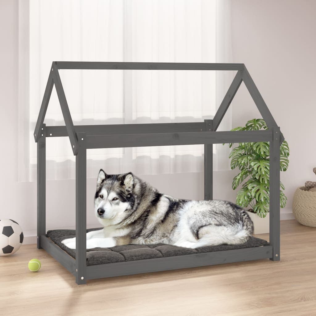 Cuccia per Cani Forma Casa Grigia 111x80x100 cm in Legno Massello di Pino
