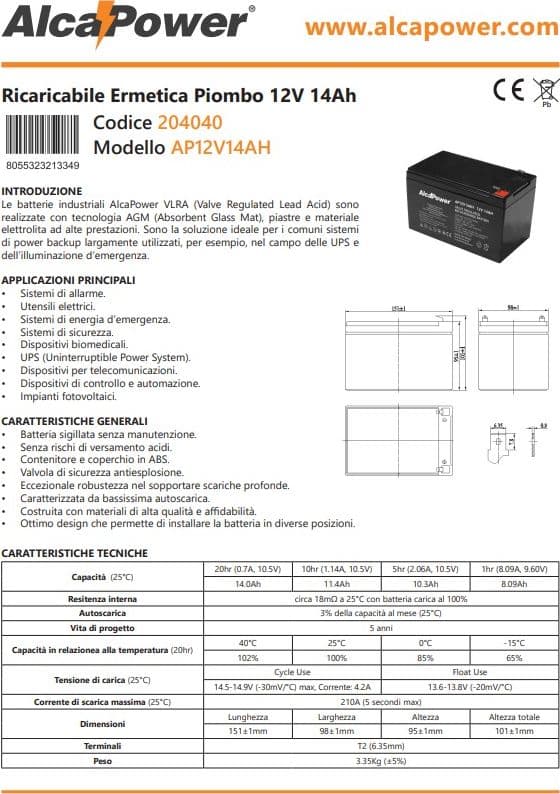 Alca Power batteria al piombo da 12V 14Ah ricaricabile per UPS e illuminazione di emergenza in Pile ricaricabili Aloiserw.com - Altomonte, commercioVirtuoso.it