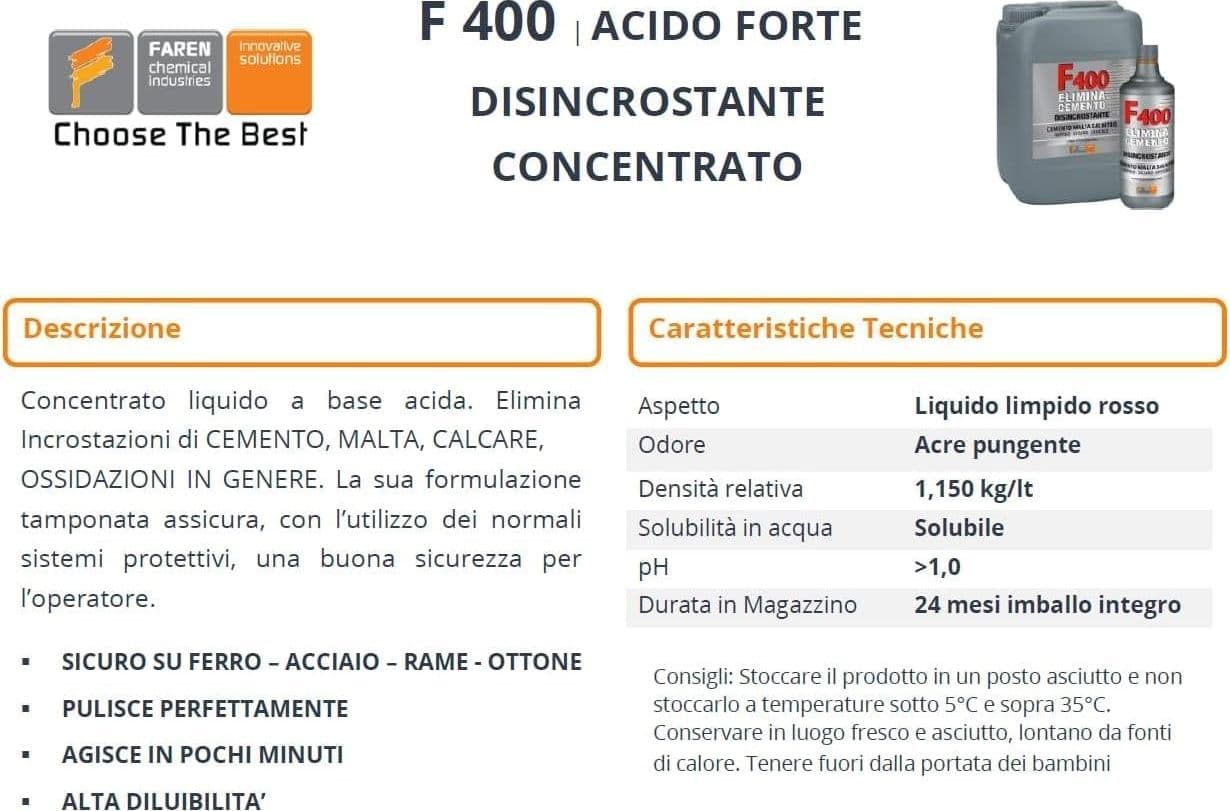 Faren F400 1lt acido elimina cemento disincrostante in Prodotti anticalcare Aloiserw.com - Altomonte, commercioVirtuoso.it