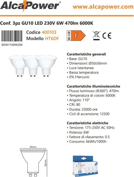 Alca Power GU10 6W 175-250V 470LM 6000K lampadina dicroica led box da 3pz in Lampadine alogene Aloiserw.com - Altomonte, commercioVirtuoso.it