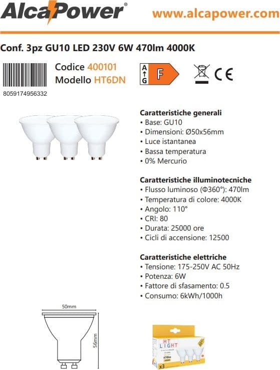 Alca Power GU10 6W 175-250V 470LM 4000K lampadina dicroica led box da 3pz in Lampadine alogene Aloiserw.com - Altomonte, commercioVirtuoso.it