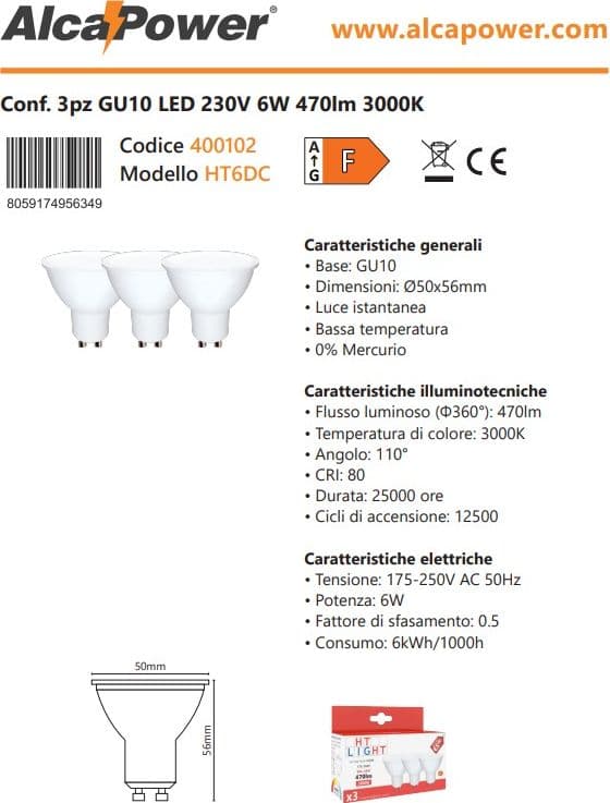 Alca Power GU10 6W 175-250V 470LM 3000K lampadina dicroica led box da 3pz in Lampadine alogene Aloiserw.com - Altomonte, commercioVirtuoso.it