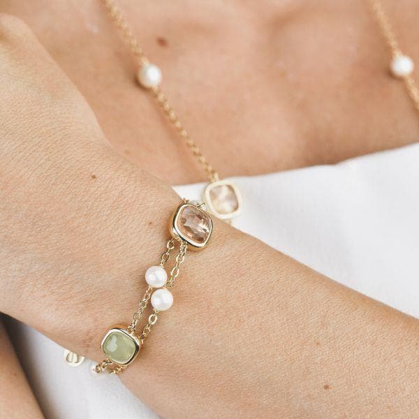 Boccadamo - Bracciale placcato oro giallo con cristalli ametista verde e ametista viola e perle naturali