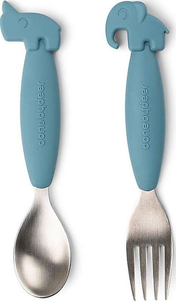 Set 2 Posate Anti-Scivolo - Forchetta e Cucchiaio - Blu - Silicone Ali Done By Deer