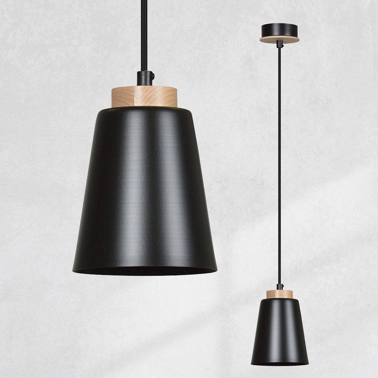Sospensione 1 Luce Bolero A Cono In Acciaio Nero E Legno Naturale in Lampade a sospensione LuceArt - Montecorvino Pugliano, commercioVirtuoso.it