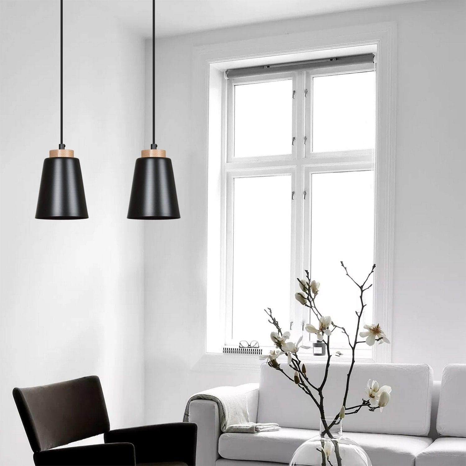 Lampadario 2 Luci Bolero Con Paralumi A Cono In Acciaio Nero E Legno Naturale in Lampade a sospensione LuceArt - Montecorvino Pugliano, commercioVirtuoso.it