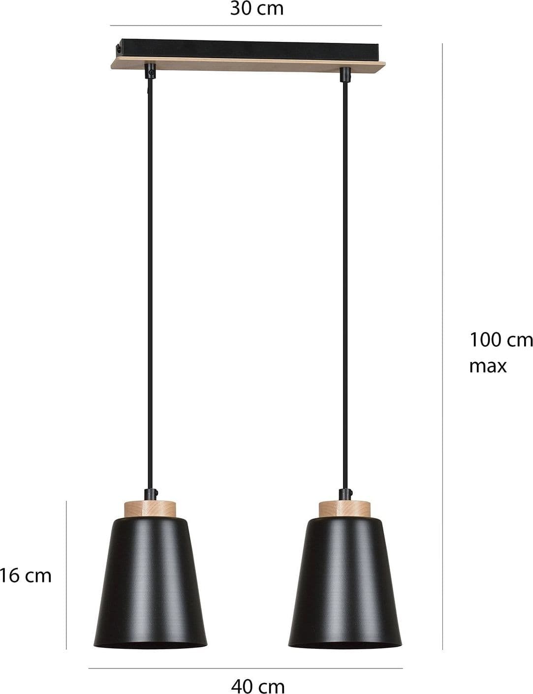 Lampadario 2 Luci Bolero Con Paralumi A Cono In Acciaio Nero E Legno Naturale in Lampade a sospensione LuceArt - Montecorvino Pugliano, commercioVirtuoso.it