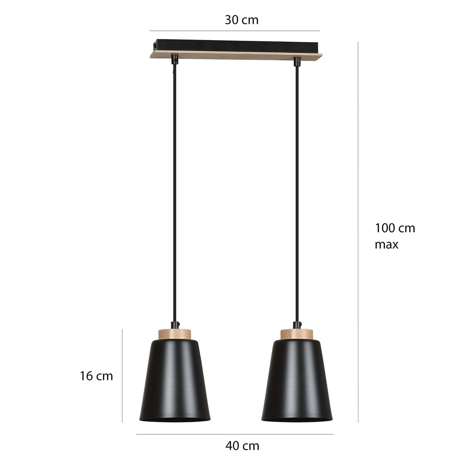 Lampadario 2 Luci Bolero Con Paralumi A Cono In Acciaio Nero E Legno Naturale in Lampade a sospensione LuceArt - Montecorvino Pugliano, commercioVirtuoso.it