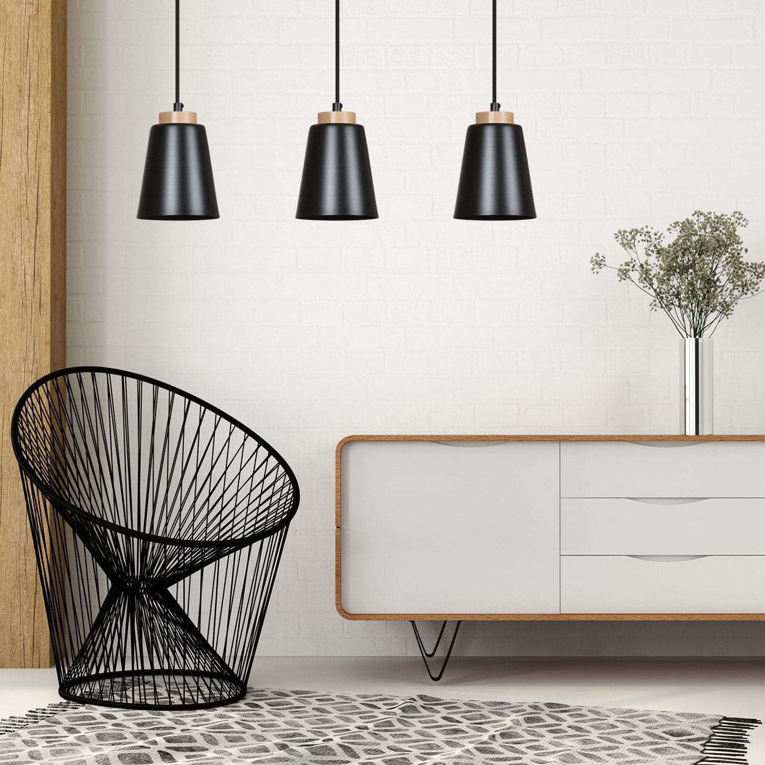 Lampadario 3 Luci Bolero Con Paralumi A Cono In Acciaio Nero E Legno Naturale in Lampade a sospensione LuceArt - Montecorvino Pugliano, commercioVirtuoso.it