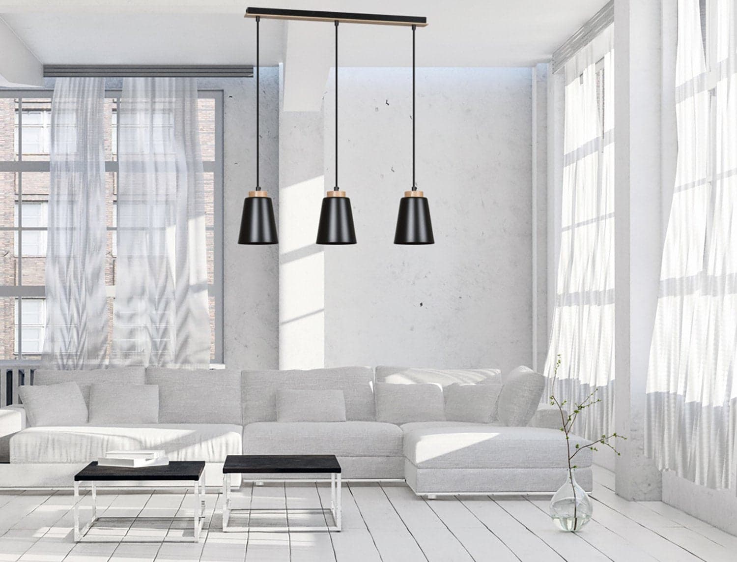 Lampadario 3 Luci Bolero Con Paralumi A Cono In Acciaio Nero E Legno Naturale in Lampade a sospensione LuceArt - Montecorvino Pugliano, commercioVirtuoso.it