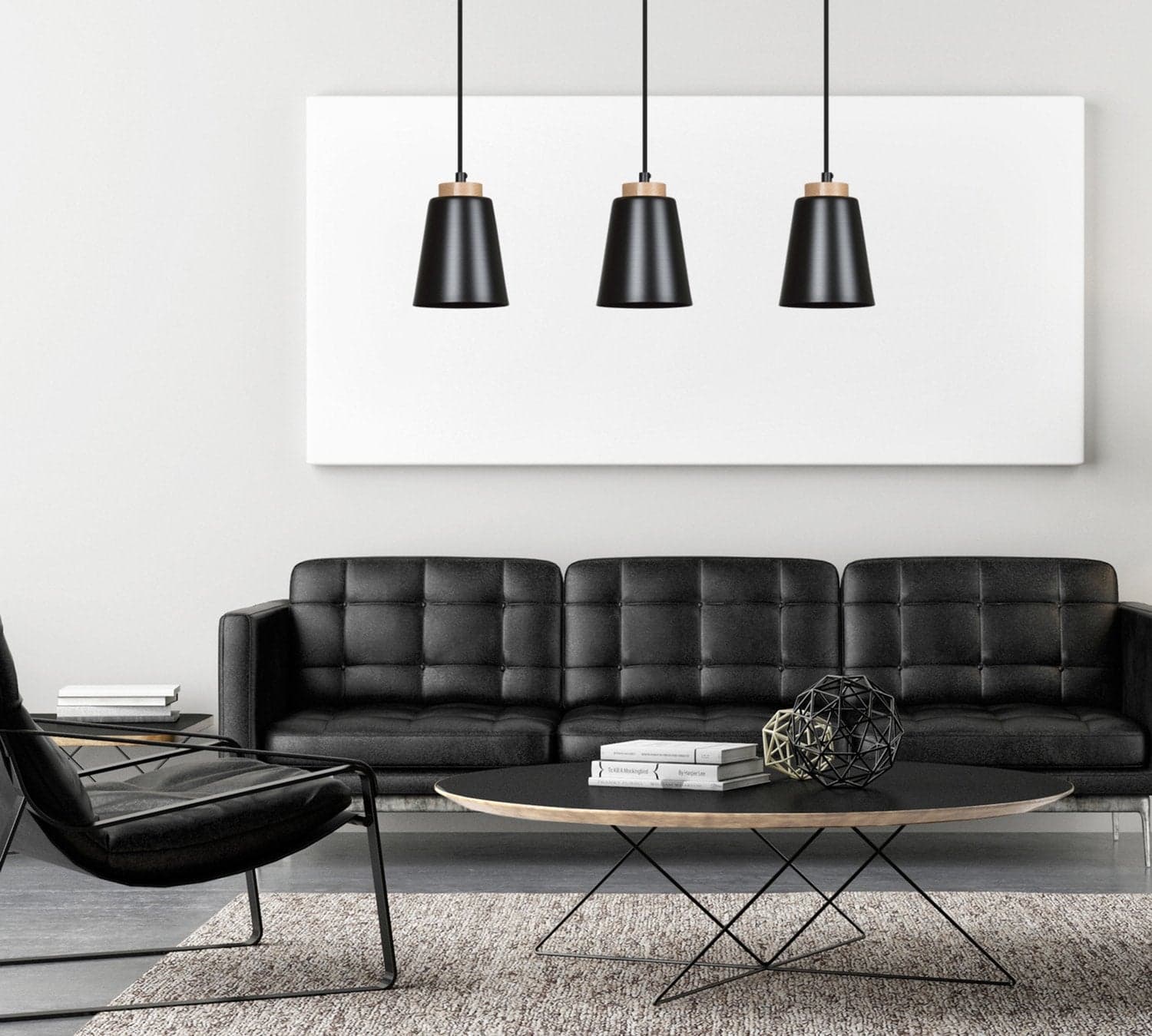 Lampadario 3 Luci Bolero Con Paralumi A Cono In Acciaio Nero E Legno Naturale in Lampade a sospensione LuceArt - Montecorvino Pugliano, commercioVirtuoso.it