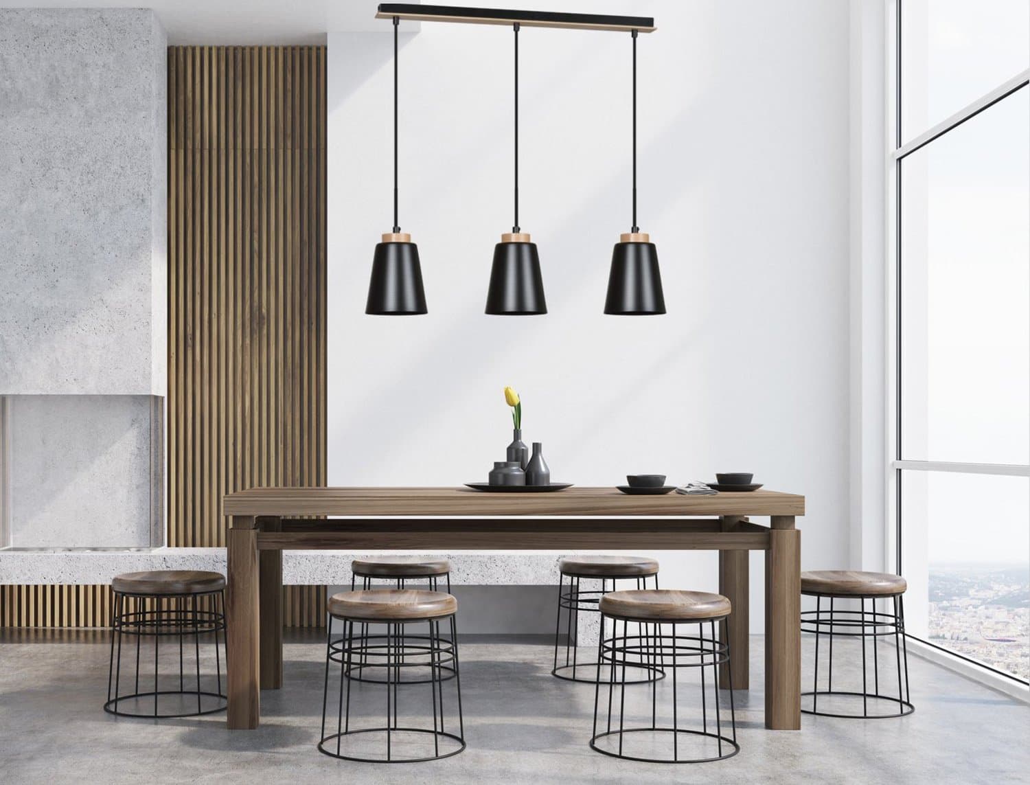 Lampadario 3 Luci Bolero Con Paralumi A Cono In Acciaio Nero E Legno Naturale in Lampade a sospensione LuceArt - Montecorvino Pugliano, commercioVirtuoso.it
