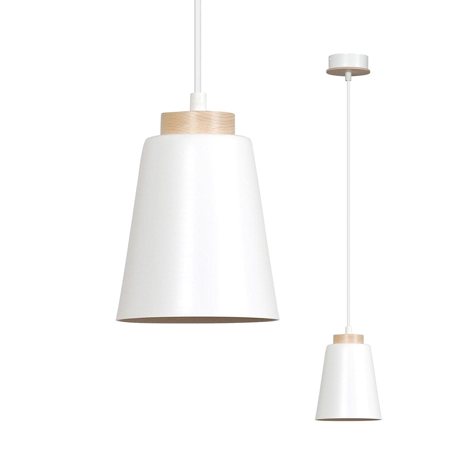 Sospensione 1 Luce Bolero A Cono In Acciaio Bianco E Legno Naturale in Lampade a sospensione LuceArt - Montecorvino Pugliano, commercioVirtuoso.it