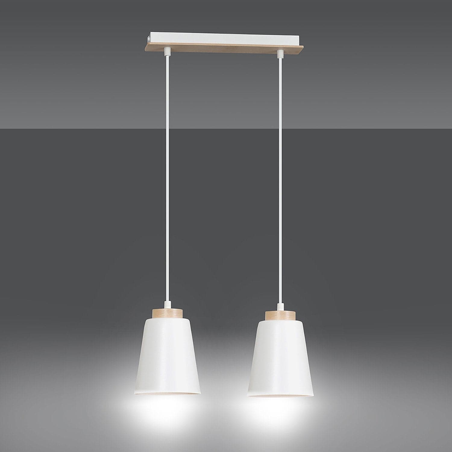 Lampadario 2 Luci Bolero Con Paralumi A Cono In Acciaio Bianco E Legno Naturale in Lampadari LuceArt - Montecorvino Pugliano, commercioVirtuoso.it