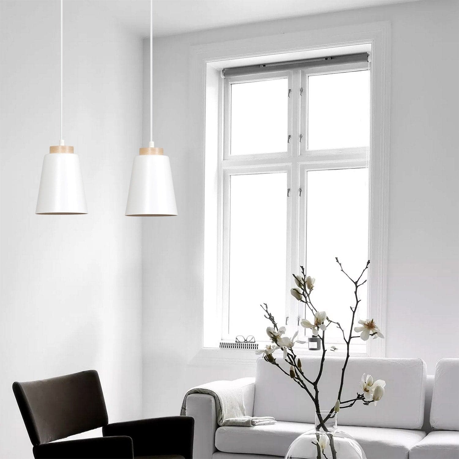 Lampadario 2 Luci Bolero Con Paralumi A Cono In Acciaio Bianco E Legno Naturale in Lampadari LuceArt - Montecorvino Pugliano, commercioVirtuoso.it
