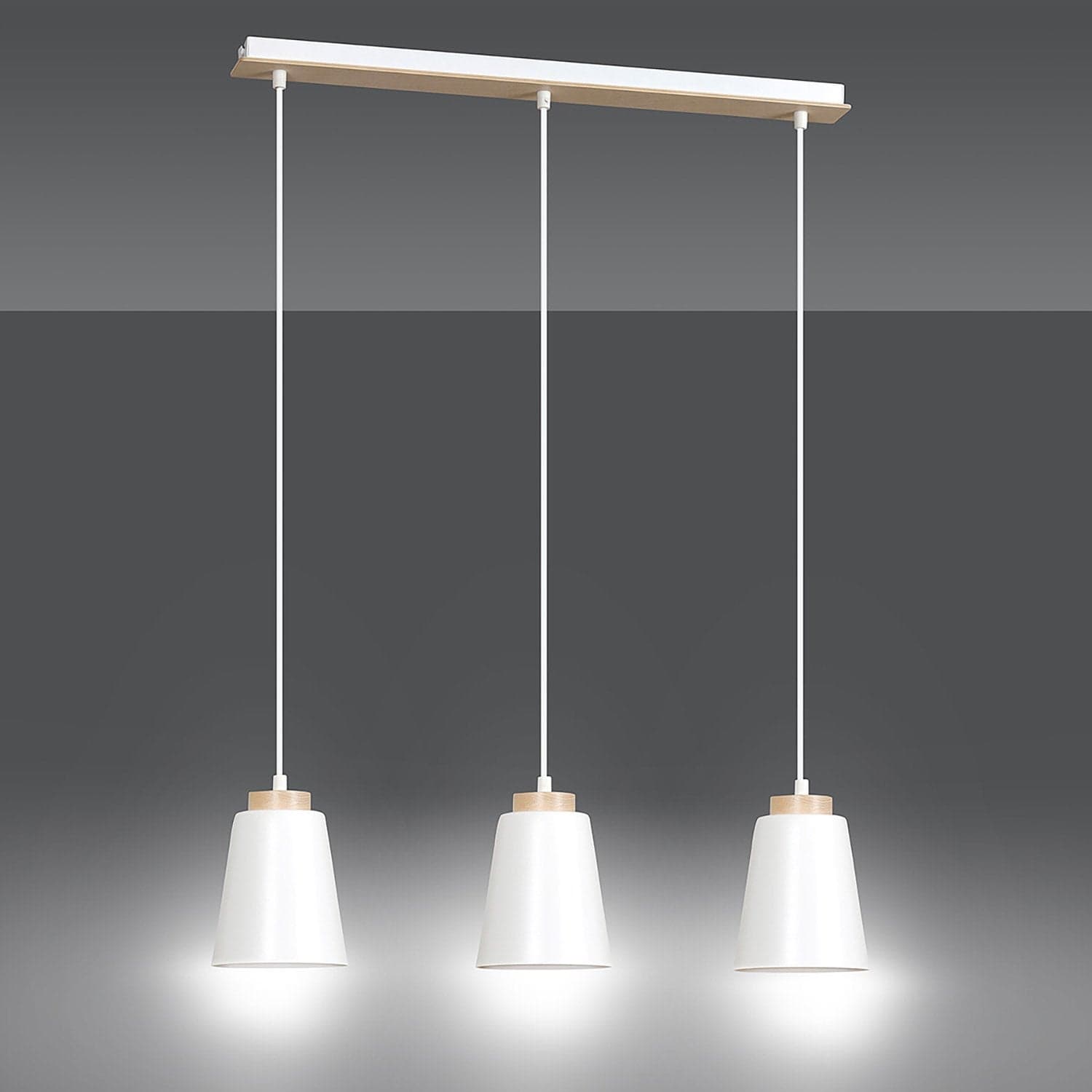 Lampadario 3 Luci Bolero Con Paralumi A Cono In Acciaio Bianco E Legno Naturale in Lampade a sospensione LuceArt - Montecorvino Pugliano, commercioVirtuoso.it
