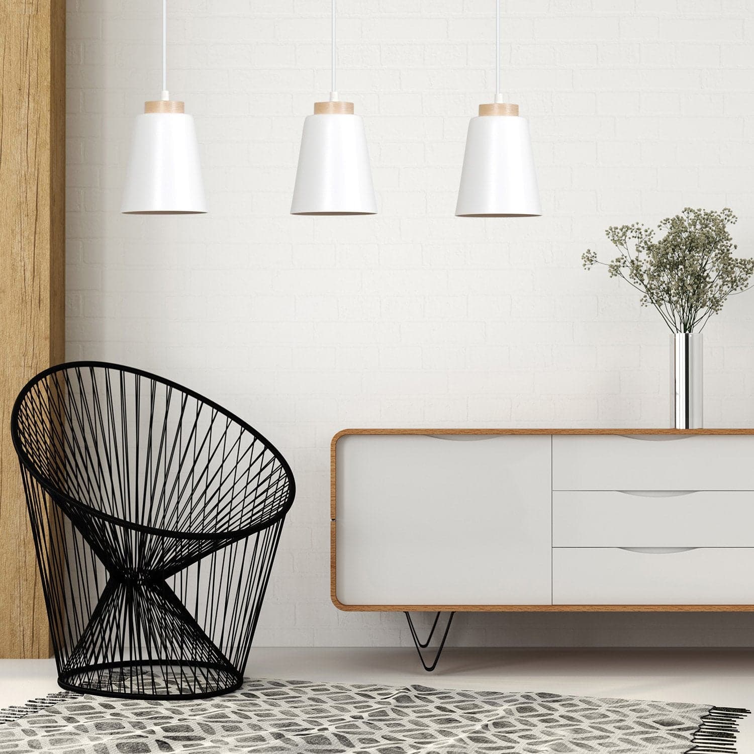 Lampadario 3 Luci Bolero Con Paralumi A Cono In Acciaio Bianco E Legno Naturale in Lampade a sospensione LuceArt - Montecorvino Pugliano, commercioVirtuoso.it