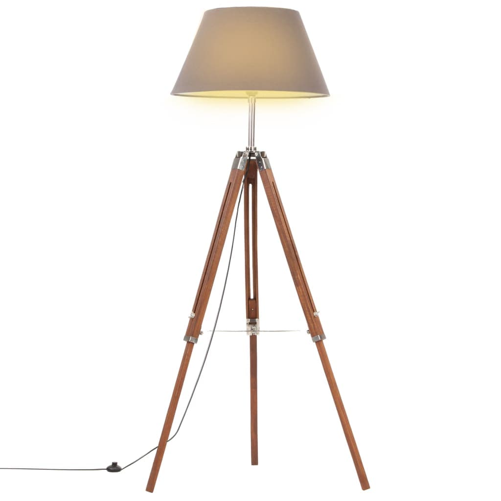 Lampada a Piantana Treppiede Marrone e Grigio in Legno di Teak Altezza 141 cm