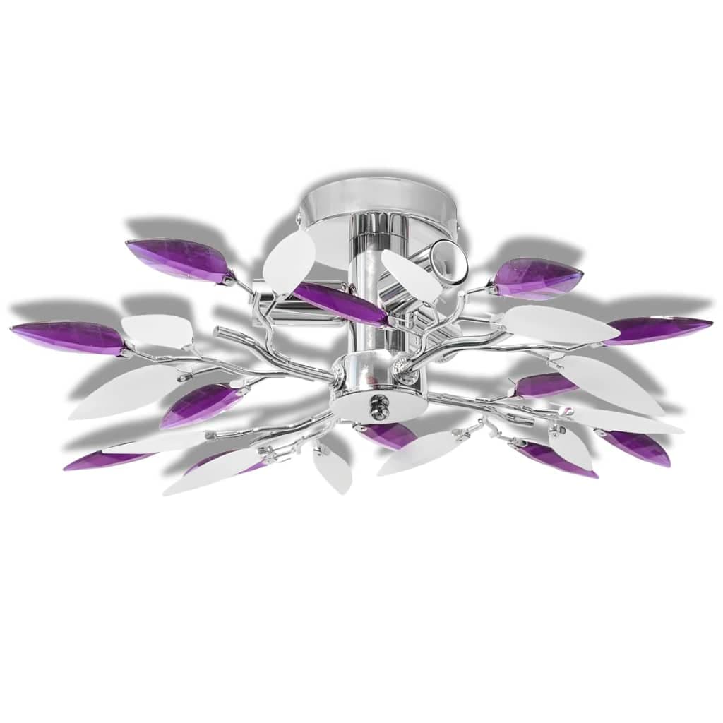 Lampada a Soffitto Lampadario Foglie Bianco e Viola Cristallo Acrilico 3xE14