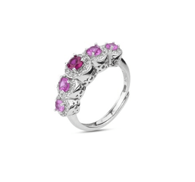 Boccadamo  -  Anello con cristalli centrali rubino e rosa circondati da zirconi