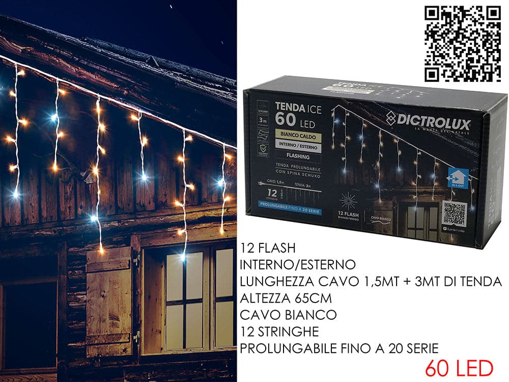 Tenda 60led e 12 flash bianco caldo 3mt