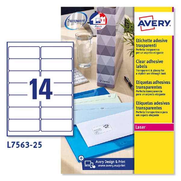 Poliestere adesivo L7563 trasparente 25fg A4 99,1x38,1mm (14et/fg laser Avery